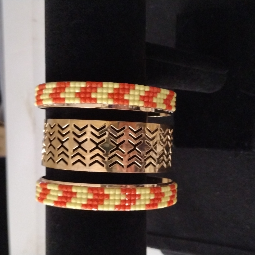 Orange/Yellow Seed Bead and Gold Tone Cuff Bracelet